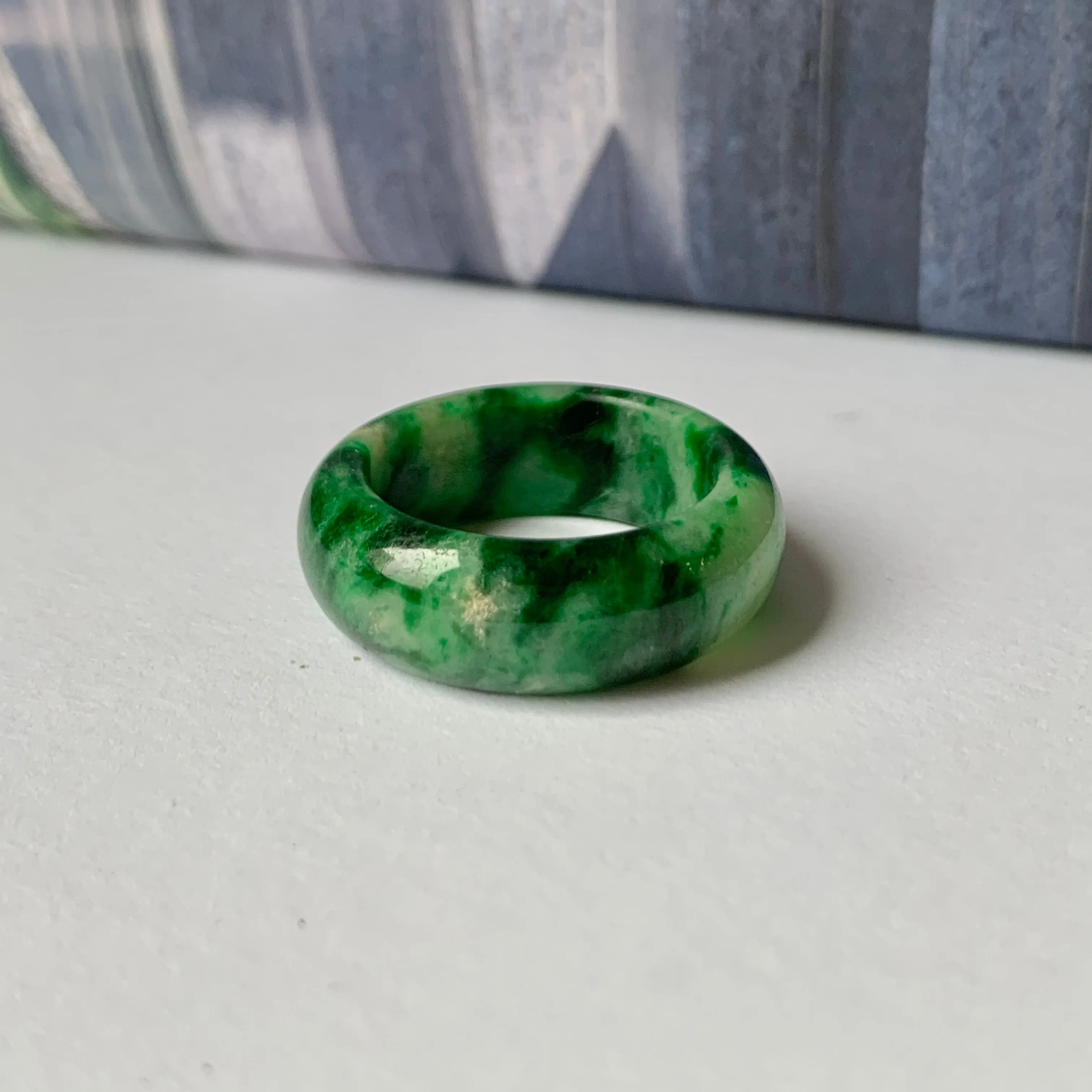 19mm A-Grade Natural Floral Imperial Jadeite Abacus Ring Band No.162219F