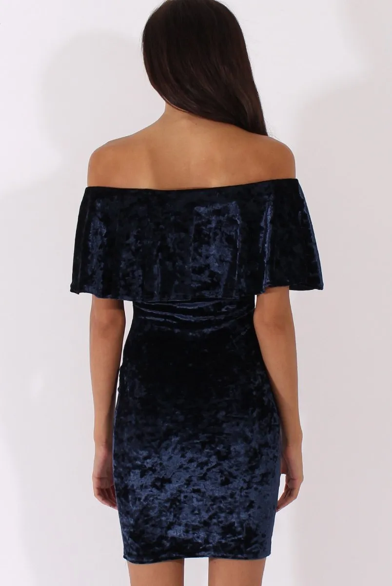 Navy Crushed Velvet Frill Dress - Esmy