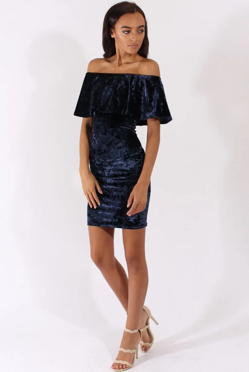 Navy Crushed Velvet Frill Dress - Esmy