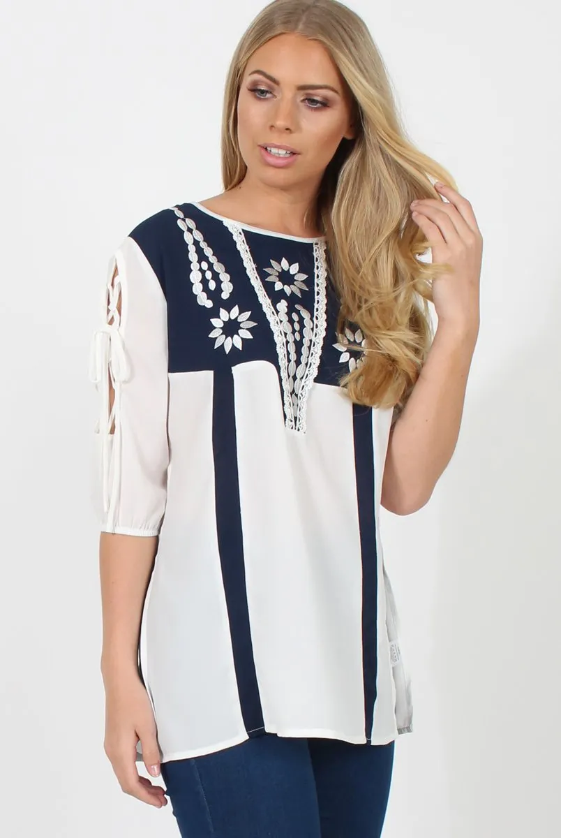 White & Blue Embroidered Top - Heather