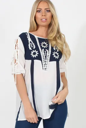 White & Blue Embroidered Top - Heather