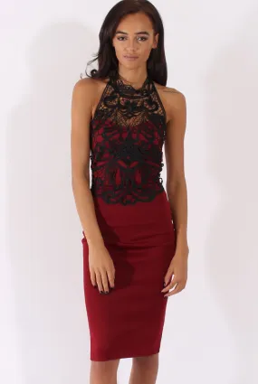 Wine Halterneck Crochet Layer Midi Dress - Andie